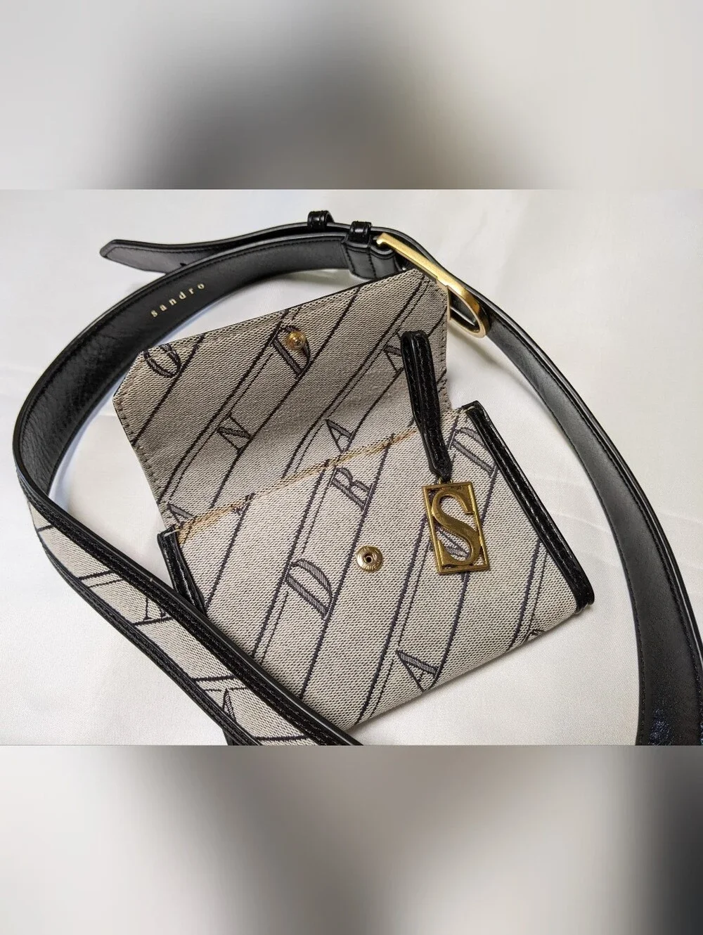 Luxury Sandro Paris Belt Wallet Bag OZ cow leather Belt Textile Gray Black Gold